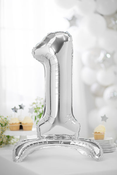 Staande folie ballon cijfer '1' zilver
