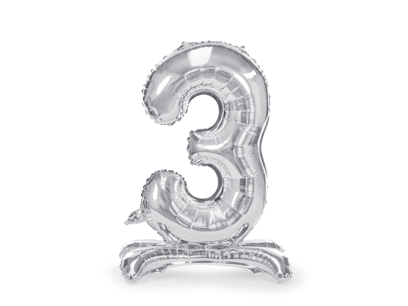 Staande folie ballon cijfer '3' zilver