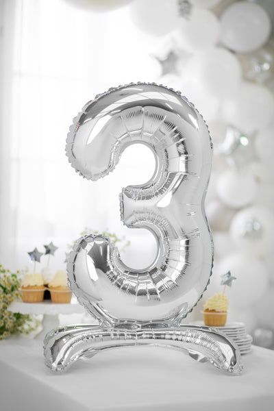 Staande folie ballon cijfer '3' zilver