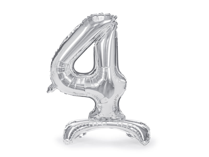 Staande folie ballon cijfer '4' zilver