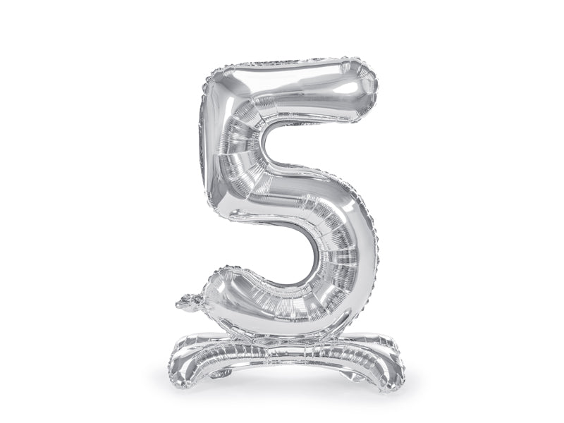 Staande folie ballon cijfer '5' zilver