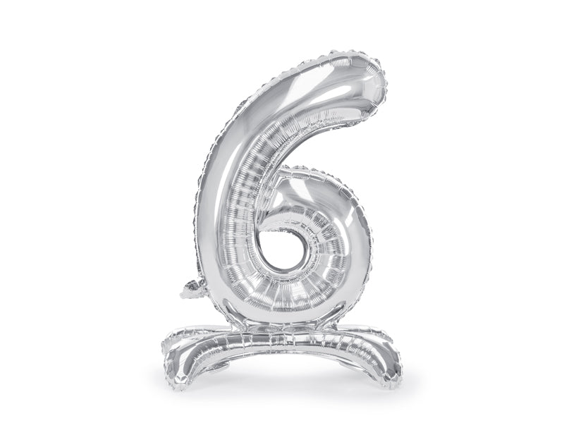 Staande folie ballon cijfer '6' zilver