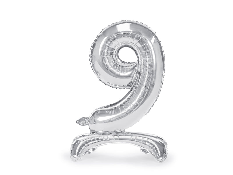 Staande folie ballon cijfer '9' zilver